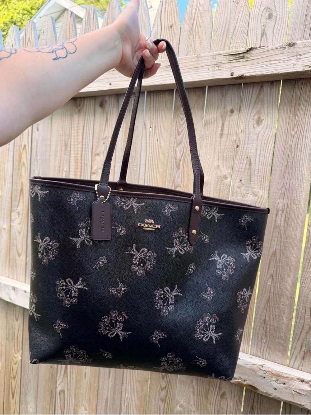 Coach Black Floral Leather Tote with Pink Accents